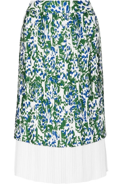 Shop Victoria Victoria Beckham Pleated Printed Twill Midi Skirt In Green