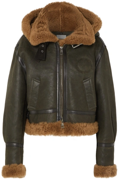 Shop Chloé Cropped Hooded Shearling Jacket In Army Green