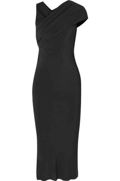 Shop Rick Owens Asymmetric Draped Crepe And Cotton-jersey Midi Dress In Black