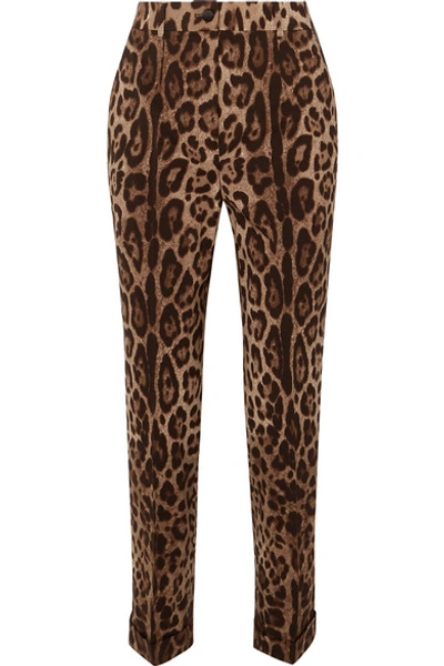 Shop Dolce & Gabbana Leopard-print Wool-blend Straight-leg Pants In Brown