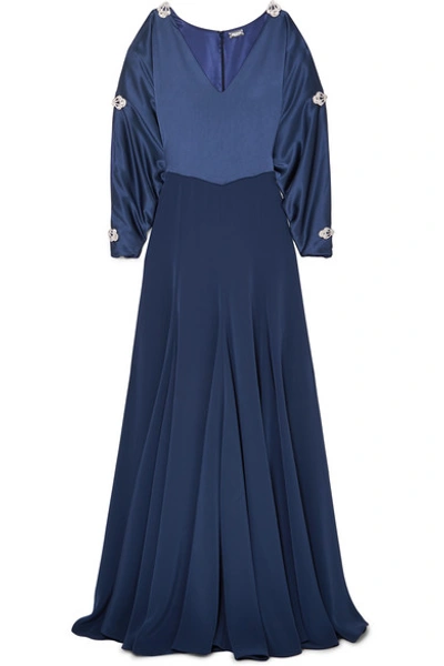 Shop Alexis Mabille Embellished Cold-shoulder Satin Gown In Navy