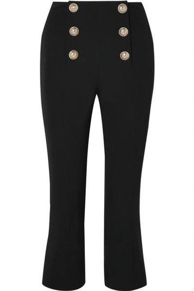 Shop Balmain Cropped Button-embellished Wool-twill Bootcut Pants In Black