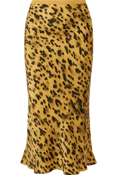 Shop Anine Bing Bar Leopard-print Silk-charmeuse Midi Skirt In Yellow