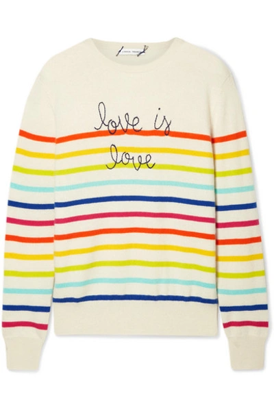 Shop Lingua Franca Love Is Love Embroidered Striped Cashmere Sweater In Cream