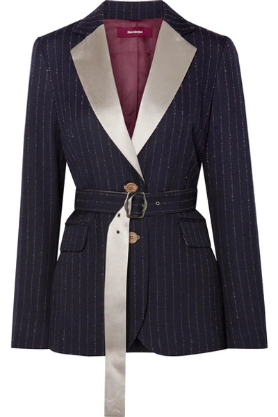 Shop Sies Marjan Terry Belted Satin-trimmed Pinstriped Wool-blend Twill Blazer In Midnight Blue