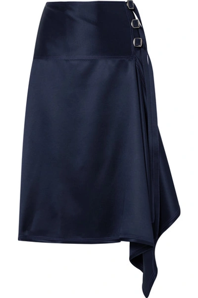 Shop Sies Marjan Tamiko Draped Wrap-effect Satin-twill Midi Skirt In Navy