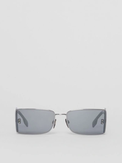 Shop Burberry ‘b' Lens Detail Rectangular Frame Sunglasses In Gunmetal Grey