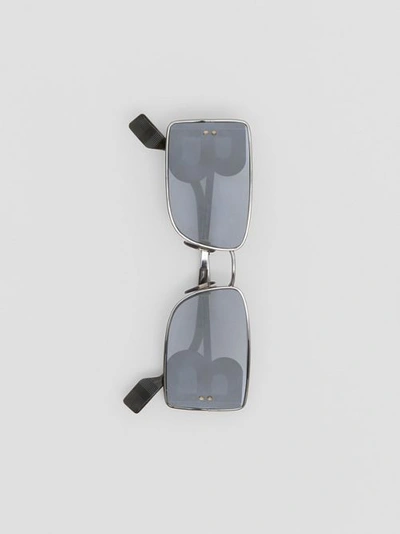 Shop Burberry ‘b' Lens Detail Rectangular Frame Sunglasses In Gunmetal Grey