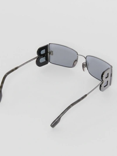 Shop Burberry ‘b' Lens Detail Rectangular Frame Sunglasses In Gunmetal Grey