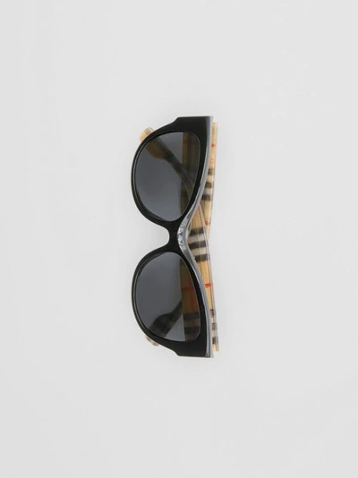 Shop Burberry Vintage Check Detail Butterfly Frame Sunglasses In Black/beige