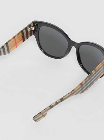 Shop Burberry Vintage Check Detail Butterfly Frame Sunglasses In Black/beige