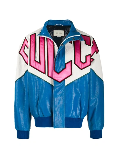 Shop Gucci Graphic Patchwork Bomber Jacket In Blue