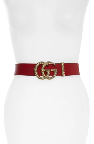 Shop Gucci Textured Gg Logo Leather Belt In Hibiscus Red/ Red
