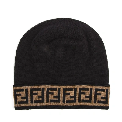 Shop Fendi Black And Brown Wool Hat With Monogram In Black/brown