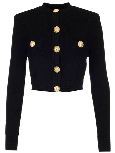Shop Balmain Button Embellished Cropped Cardigan In Black