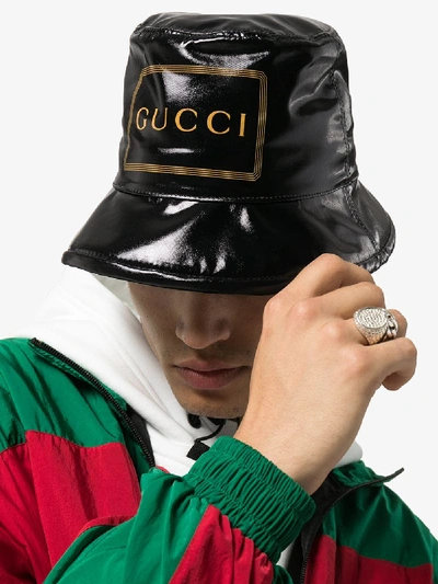Shop Gucci Black Patent Logo Bucket Hat