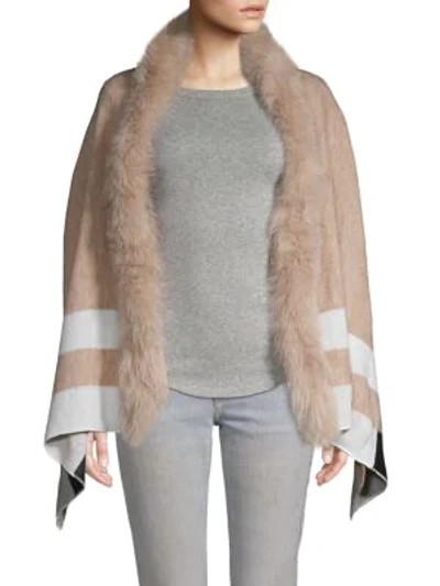 Shop Adrienne Landau Dyed Fox Fur-trimmed Plaid Shawl In Beige