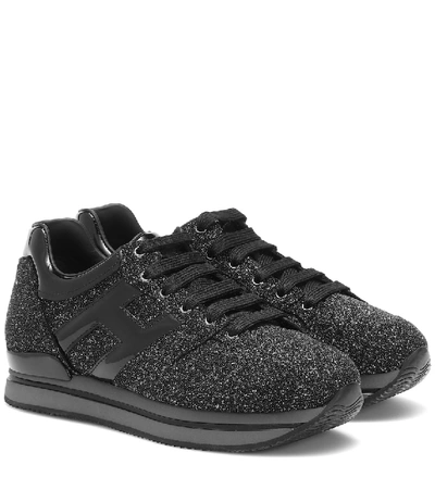 Shop Hogan Glitter Leather Sneakers In Black