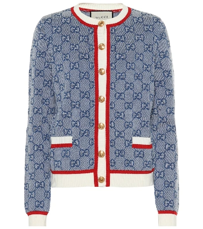 Shop Gucci Gg Wool And Cotton Cardigan In Blue