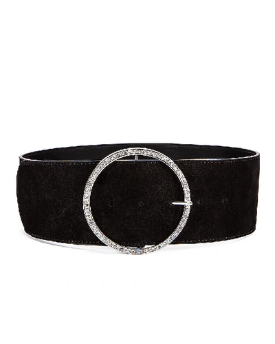 Shop Alessandra Rich Circular Jewel Buckle Suede Belt In Black