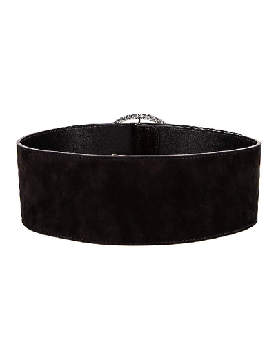 Shop Alessandra Rich Circular Jewel Buckle Suede Belt In Black