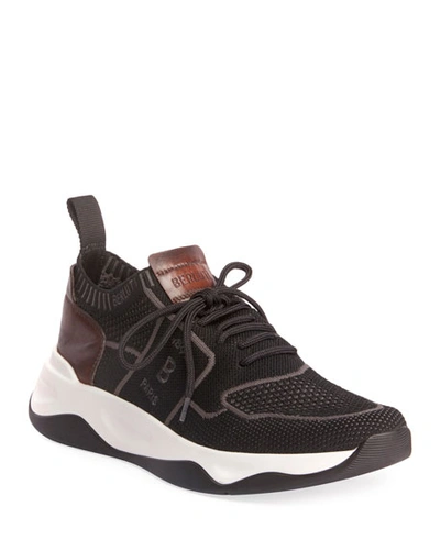 Shop Berluti Men's Shadow Knit Sneaker With Leather Details In Black