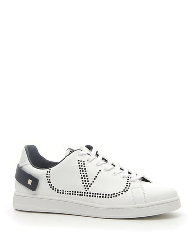 Shop Valentino Men's Net Low-top Leather Logo Sneakers In White/blue