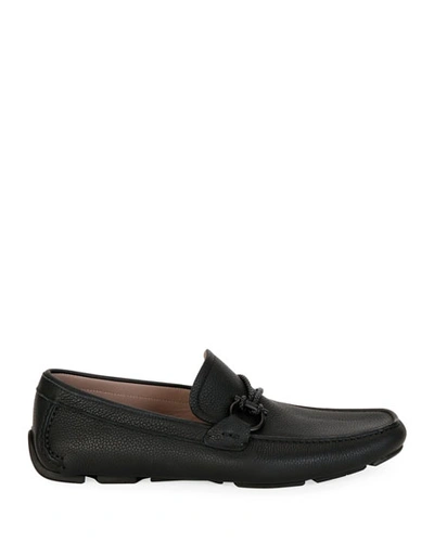 Shop Ferragamo Men's Tito Textured Leather Drivers In Black