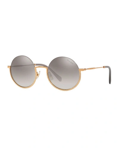 Shop Miu Miu Semi-rimless Crystal Studded Round Sunglasses In Gray