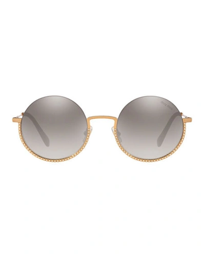 Shop Miu Miu Semi-rimless Crystal Studded Round Sunglasses In Gray