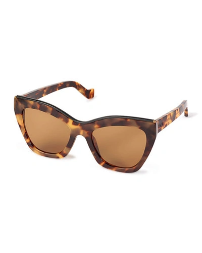 Shop Loewe Semi-transparent Acetate Cat-eye Sunglasses W/ Leather Trim In Havana