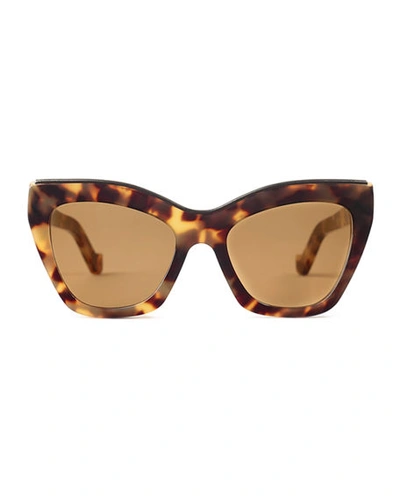Shop Loewe Semi-transparent Acetate Cat-eye Sunglasses W/ Leather Trim In Havana