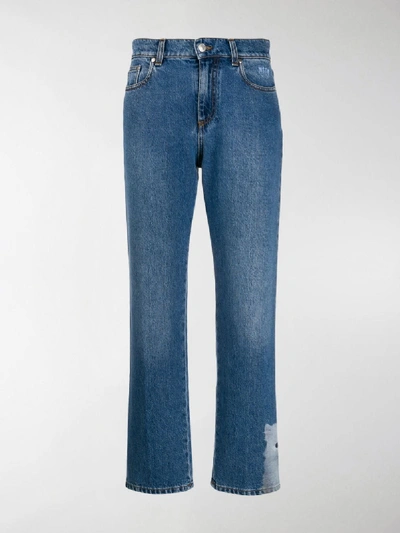 Shop Msgm Cropped Cat Hem Jeans In Blue