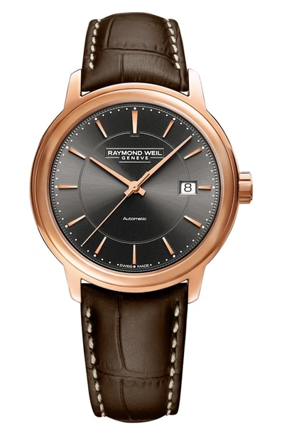 Shop Raymond Weil Maestro Automatic Leather Strap Watch, 39.5mm In Brown/ Grey/ Rose Gold