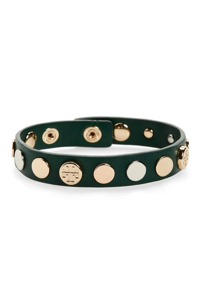 Shop Tory Burch Logo Studded Single Wrap Bracelet In Green/gold/silver/ Rosegold
