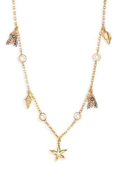 Shop Tory Burch Poetry Of Things Rosary Station Necklace In Brass/pearl/crystal/ Silver