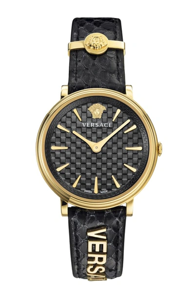 Shop Versace V Circle Logo Snakeskin Leather Strap Watch, 38mm In Black/ Gold