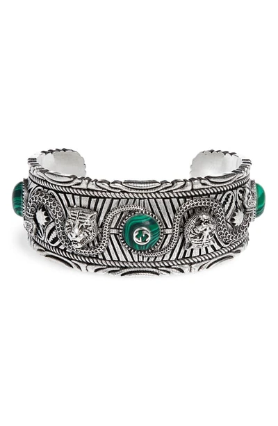 Shop Gucci Garden Sterling Silver Cuff Bracelet In Sterling Silver / Malachite