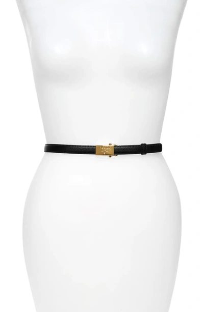 Shop Prada Logo Buckle Saffiano Calfskin Leather Skinny Belt In Nero/gold