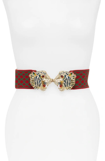 Shop Gucci Tiger Buckle Stretch Belt In Green/ Red