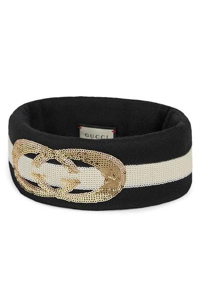 Shop Gucci Gg Sequin Wool Headband In Black/ Ivory