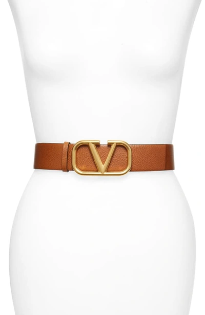 Shop Valentino Go Logo Buckle Leather Belt In Tan/ Nero