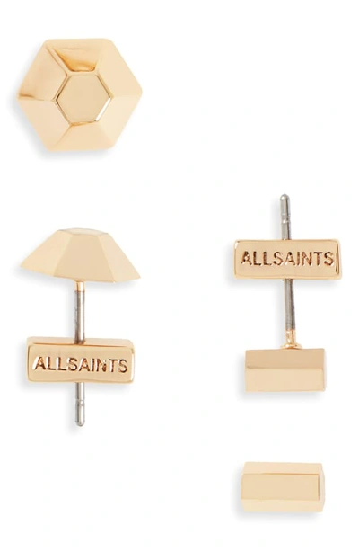 Shop Allsaints 2-pack Dome & Hexagon Stud Earrings In Gold