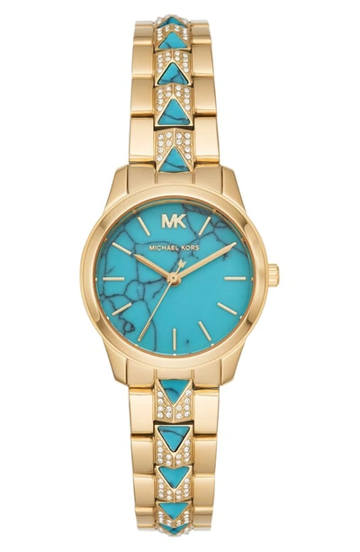 Shop Michael Michael Kors Runway Mercer Bracelet Watch, 28mm In Gold/ Turquoise/ Gold