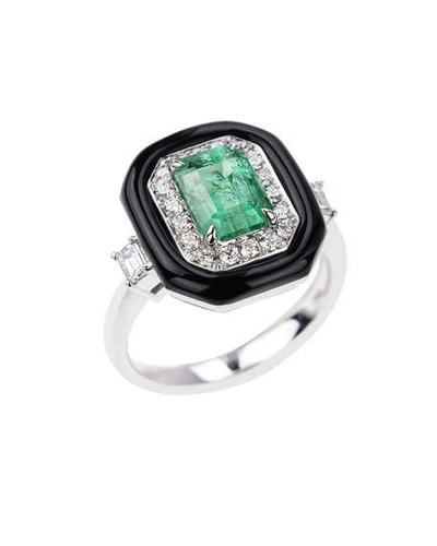 Shop Nikos Koulis 18k White Gold Oui Emerald, Diamond & Enamel Ring