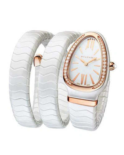 Shop Bvlgari 35mm Serpenti Spiga Diamond Coil Watch, White/rose