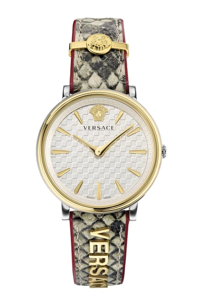 Shop Versace V Circle Logo Snakeskin Leather Strap Watch, 38mm In Snake/ Red/ Gold