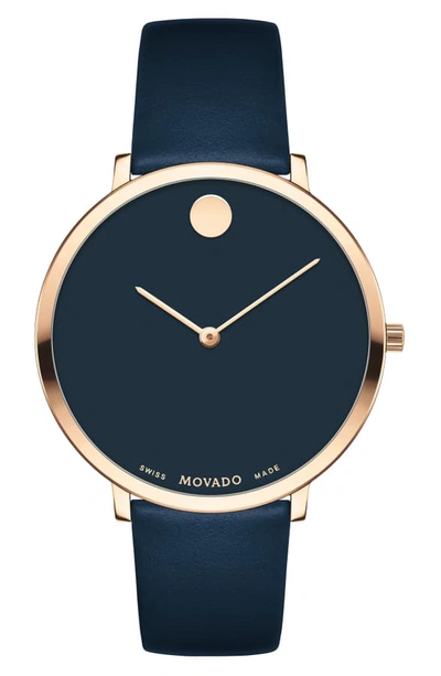Shop Movado Ultra Slim Special Edition Leather Strap Watch, 35mm In Navy/ Carnation Gold
