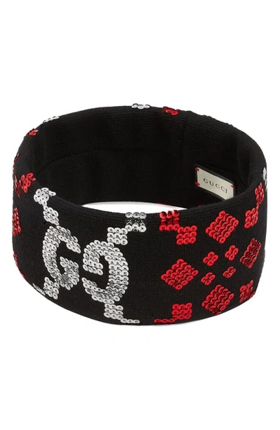 Shop Gucci Gg Sequin Wool Headband In Black/ Red