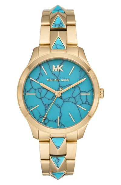 Shop Michael Michael Kors Runway Mercer Bracelet Watch, 38mm In Gold/ Turquoise/ Gold